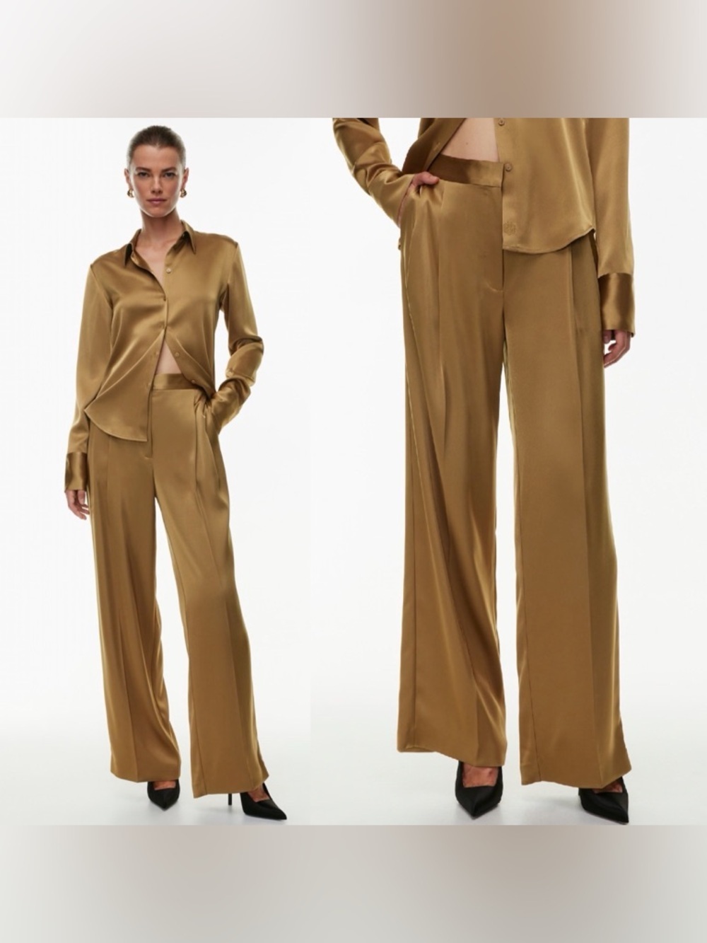 NEW! Aritzia- Babaton Pleated Satin Pant Size 8 Deep Taupe High Waist Wide Leg